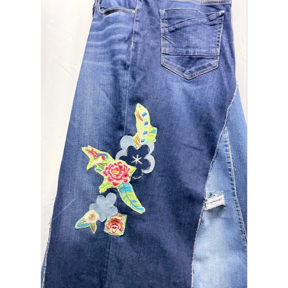 Boho Luxe Upcycled Denim Maxi Skirt Embroidery on Denim Wearable Art Fits 14/16 - Picture 8 of 8